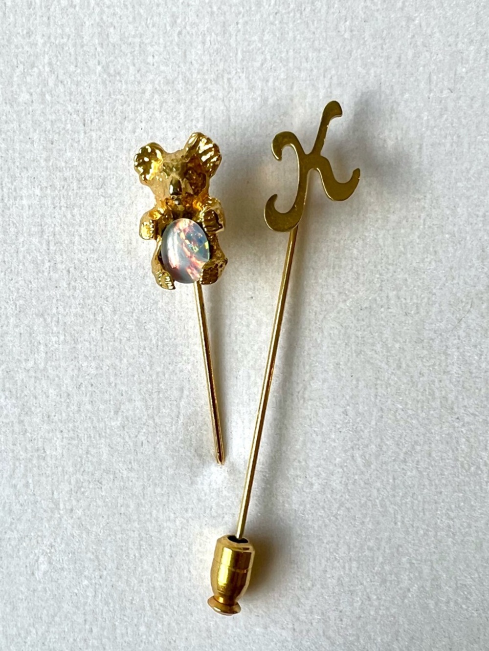 Vintage Gold Tone Stick Pins Lot Koala Opal Figural & Script Letter K Lapel Pins